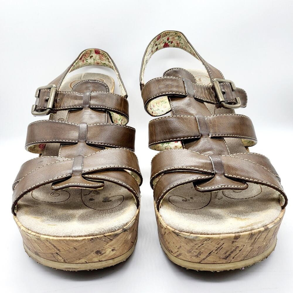 Y2K 143 Girl Pistachio Brown Boho Strappy Open Toe Slingback Cork Sandals Sz 8.5